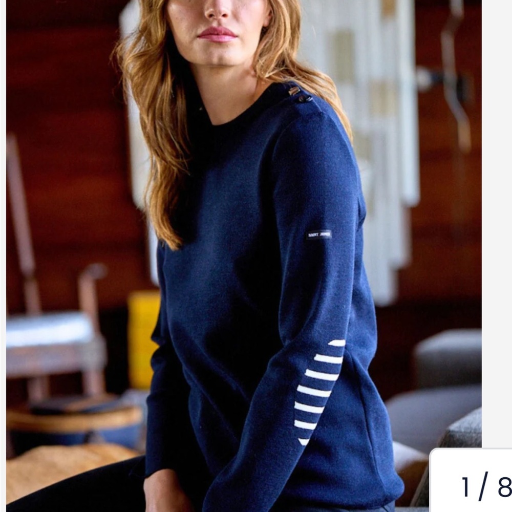 Saint James Navy Blue Crewneck Sweater with White Elbow Stripes and button detal